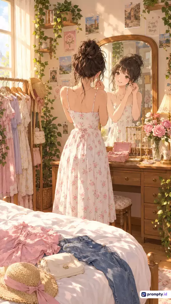 Gambar bergaya anime hangat ini menampilkan seorang gadis berambut cokelat dengan gaya *messy bun* mengenakan gaun putih bermotif bunga sedang berkaca di depan meja rias kayu penuh bunga mawar, dengan dominasi warna merah muda lembut, cokelat kayu, dan putih gading, serta kata kunci estetika kamar tidur, ilustrasi anime, bersiap-siap, tanaman hias, dan suasana pagi hari.