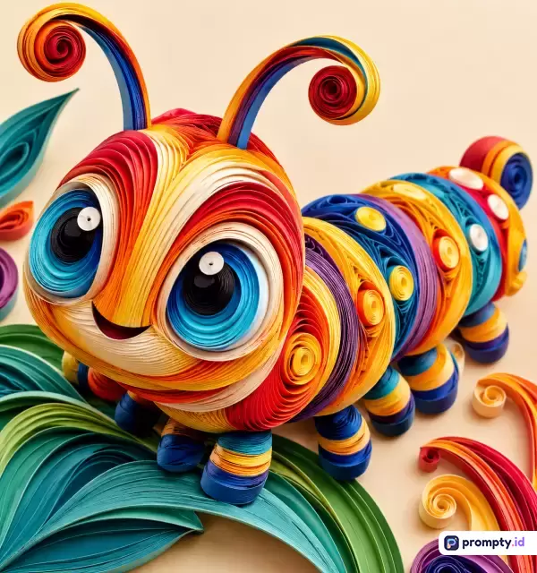 Gambar dengan gaya seni gulungan kertas (*paper quilling*) ini menampilkan konten ulat berwajah ceria di atas daun dengan kata kunci seni kertas, ulat, warna-warni, kerajinan tangan, dan ilustrasi ceria, yang didominasi oleh warna merah, kuning, dan biru.