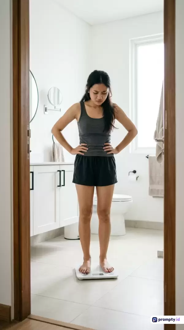 Gambar bergaya fotografi realistis ini menampilkan seorang wanita Asia berambut hitam dengan ekspresi kecewa berdiri di atas timbangan digital di dalam kamar mandi bernuansa minimalis, dengan kata kunci berat badan, diet, frustrasi, kesehatan, dan cemas, didominasi oleh warna putih, abu-abu, dan cokelat kayu.