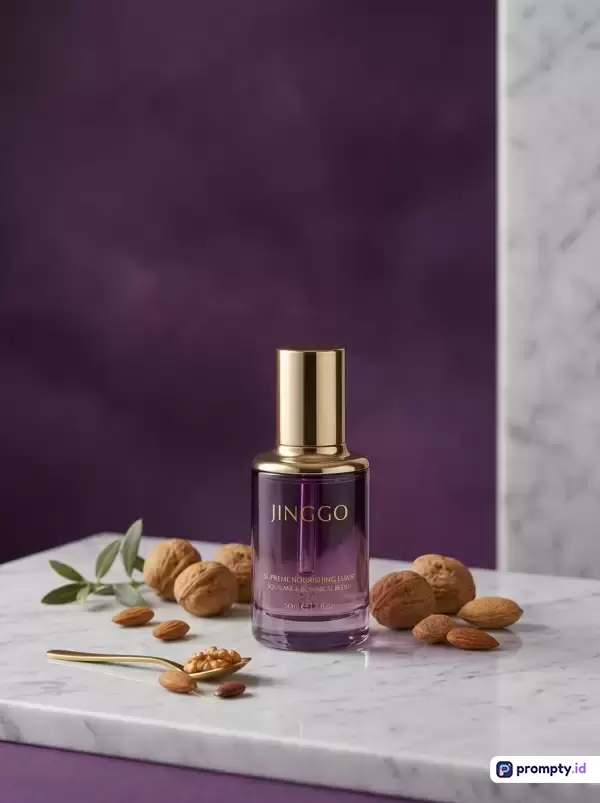 Gambar fotografi komersial bergaya elegan dan minimalis ini menampilkan botol serum mewah bermerek JINGGO di atas permukaan marmer putih, dikelilingi oleh kacang-kacangan alami seperti kenari dan almond serta ranting kecil, dengan latar belakang bertekstur ungu tua yang artistik, menciptakan kesan produk kecantikan premium berbahan alami; kata kunci: serum, kecantikan, botol kaca, kemasan mewah, perawatan kulit, bahan alami, kacang almond, kenari, marmer, produk komersial; warna dominan: ungu tua, cokelat, dan putih marmer.