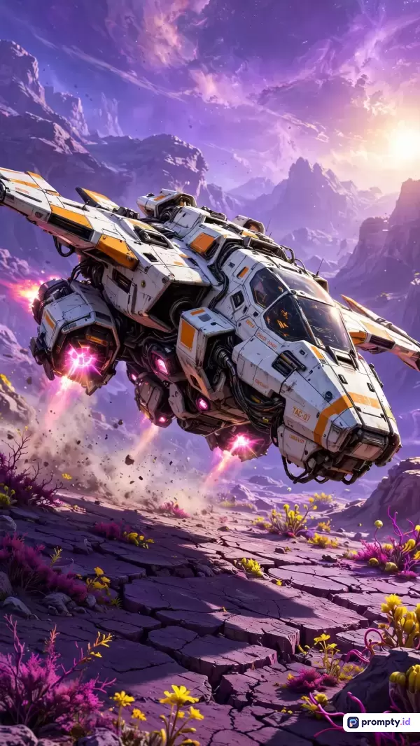 Gambar bergaya seni digital fiksi ilmiah ini menampilkan konten sebuah pesawat luar angkasa putih beraksen kuning yang sedang mendarat di planet alien tandus beretstetika futuristik, dengan kata kunci pesawat luar angkasa, planet alien, fiksi ilmiah, futuristik, penjelajahan ruang angkasa, serta didominasi oleh warna ungu, putih, dan kuning.
