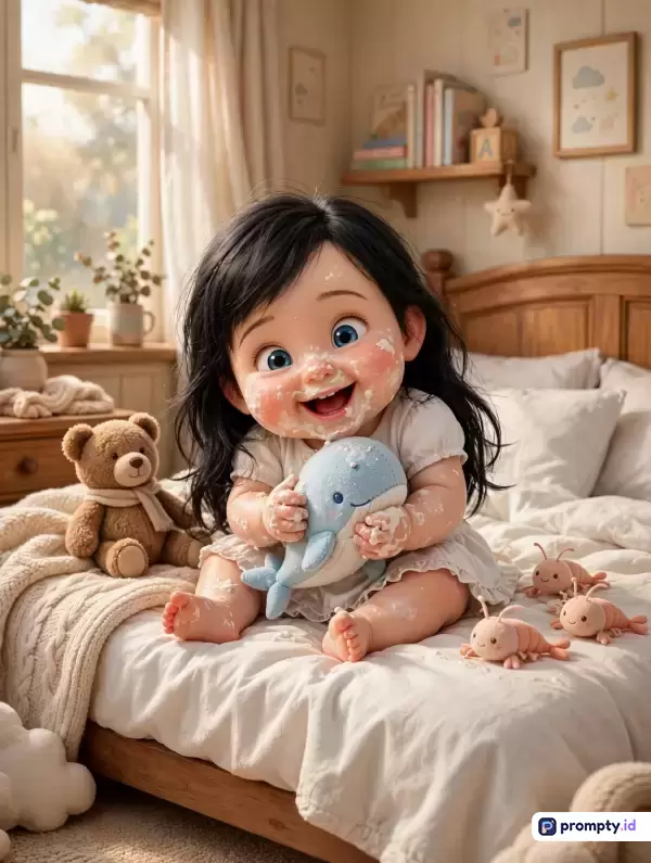 Gambar bergaya ilustrasi digital 3D sinematik ini menampilkan konten seorang bayi perempuan berambut hitam ceria yang berlumuran krim di wajah dan tangannya sambil memeluk boneka paus biru di atas tempat tidur bernuansa hangat, dengan kata kunci bayi, mainan, ceria, kamar tidur, kue, dan ilustrasi 3D, serta didominasi oleh warna putih, cokelat, dan biru muda.