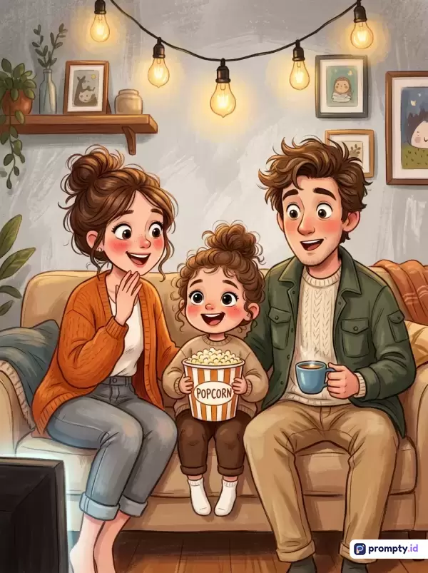 Ilustrasi digital bergaya kartun hangat ini menampilkan sebuah keluarga muda bahagia—ayah, ibu, dan anak perempuan—yang sedang bersantai menonton TV di sofa ruang tamu yang diterangi lampu gantung temaram, dengan konten yang menggambarkan kehangatan keluarga, kata kunci keluarga, kebersamaan, menonton TV, popcorn, dan animasi, serta didominasi oleh warna cokelat, kuning hangat, dan hijau tua.