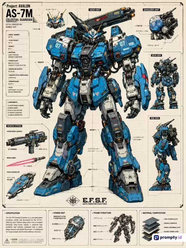 Gambar bergaya ilustrasi teknik fiksi ilmiah atau mecha blueprint ini menampilkan robot raksasa (Mobile Suit) AS-7M Celestial Guardian dengan konten diagram spesifikasi militer, skema bagian tubuh, dan sistem senjata, menggunakan kata kunci robot, mecha, gundam, blueprint, sci-fi, dan ilustrasi teknik, dengan palet warna dominan biru, putih, dan abu-abu.