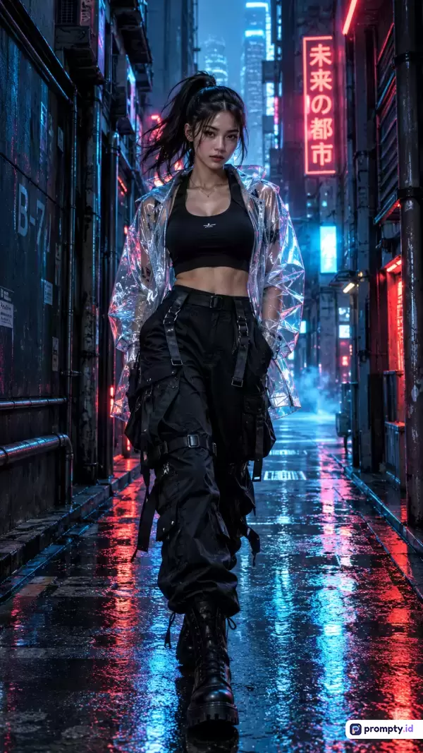 Gambar bergaya futuristik-cyberpunk ini menampilkan seorang wanita berambut kuncir kuda dengan pakaian serba hitam dan jas hujan transparan, berjalan di lorong perkotaan sempit yang basah dan memantulkan cahaya lampu neon, dengan kata kunci utama wanita cyberpunk, lorong neon, fesyen futuristik, dan perkotaan malam hari, yang didominasi oleh warna biru tua, hitam, dan merah menyala.