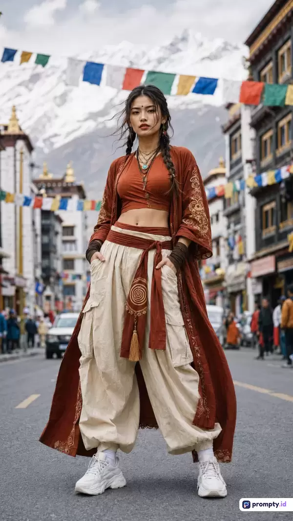 Gambar fotografi potret gaya bohemian ini menampilkan seorang wanita Asia berambut kepang mengenakan busana etnik modern berwarna cokelat bata dan krem di jalanan kota pegunungan Himalaya dengan latar belakang pegunungan bersalju dan bendera doa Buddha, menggunakan kata kunci wanita Asia, fashion bohemian, Himalaya, pakaian etnik, pegunungan salju, dengan tiga warna dominan yaitu cokelat bata, krem, dan abu-abu.