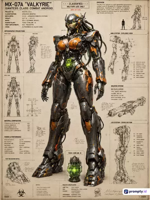 Gambar bergaya ilustrasi desain konsep fiksi ilmiah bergaya cetak biru teknis ini menampilkan robot kombatan humanoid raksasa berwarna abu-abu metalik, oranye terang, dan hijau neon dengan kata kunci android tempur, mecha, skema teknis, dan futuristik, didominasi warna abu-abu, oranye, serta hijau.