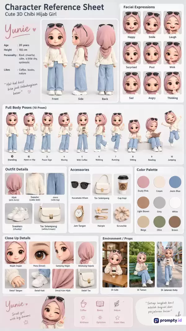 Gambar ini berformat lembar referensi karakter (character reference sheet) bergaya 3D chibi yang menampilkan gadis berhijab bernama Yunie dengan konten lengkap berupa variasi pose tubuh, ekspresi wajah, detail pakaian, aksesori, palet warna, dan latar lingkungan, serta dihiasi kata kunci estetis seperti *cute*, *hijab girl*, *character sheet*, *3D art*, dan *pastel*, didukung oleh tiga warna dominan yaitu merah muda (dusty pink), krem (cream), dan biru denim (jeans blue).