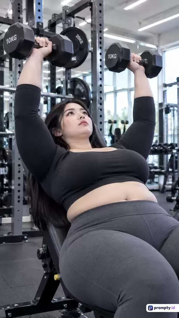 Gambar bergaya fotografi realistis ini menampilkan seorang wanita berisi berambut hitam yang sedang melakukan latihan beban *dumbbell press* di dalam pusat kebugaran modern dengan latar belakang peralatan gym lengkap, menggunakan palet warna dominan hitam, abu-abu gelap, dan putih, serta memiliki kata kunci metadata: wanita gym, dumbbell 10kg, latihan beban, pusat kebugaran, gaya hidup sehat.