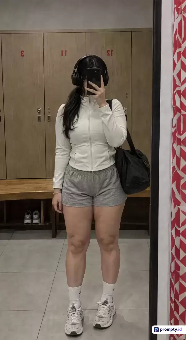 Foto bergaya swafoto cermin ini menampilkan seorang wanita berambut panjang mengenakan jaket putih, celana pendek abu-abu, headphone hitam, dan tas olahraga di dalam ruang ganti dengan latar belakang loker kayu, yang memiliki kata kunci wanita, gym, olahraga, fashion, dan cermin, serta didominasi oleh warna putih, abu-abu, dan hitam.