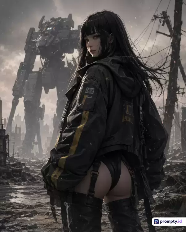 Gambar bergaya anime digital art ini menampilkan seorang wanita berambut hitam berjaket gelap di latar belakang reruntuhan kota pasca-apokaliptik dengan robot raksasa, menggunakan kata kunci fiksi ilmiah, mecha, dan kehancuran, didominasi warna abu-abu, hitam, dan kuning gelap.