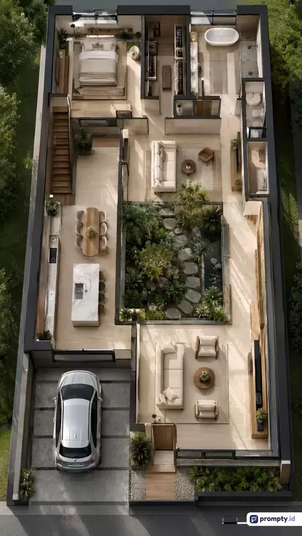 Gambar bergaya render 3D arsitektural ini menampilkan denah lantai terbuka modern dengan taman dalam ruangan (courtyard) sebagai pusat estetika, dikarakterisasi oleh kata kunci desain interior minimalis, denah rumah mewah, dan layout kontemporer, dengan palet warna dominan putih bersih, krem hangat, dan abu-abu arang.