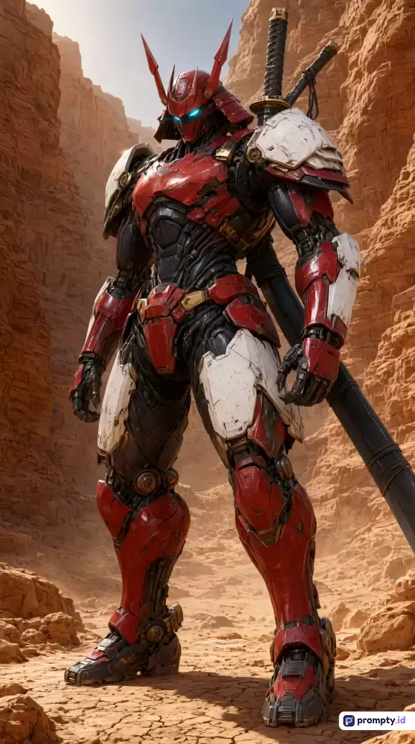 Gambar digital bergenre fiksi ilmiah ini menampilkan prajurit robot samurai futuristik dengan detail mekanis tinggi yang berdiri gagah di lanskap ngarai gurun tandus, menggunakan gaya visual sinematik bergaya *concept art*, kata kunci robot, samurai, mecha, fiksi ilmiah, gurun, katana, futuristik, dan tiga warna dominan yaitu merah, cokelat tanah, serta putih.