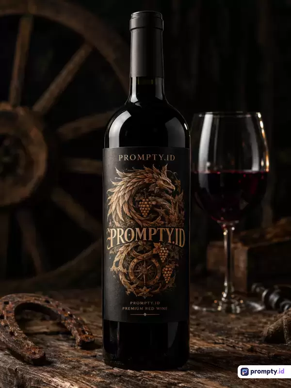 Gambar bergaya fotografi produk komersial bergaya gelap dan elegan ini menampilkan botol wine merah berlabel artistik dengan teks PROMPTY.ID, ditemani gelas berisi wine di atas meja kayu pedesaan dengan latar belakang roda gerobak antik, menggunakan palet warna dominan cokelat tua, hitam, dan merah anggur, serta kata kunci: wine merah, botol wine, gelas wine, estetika gelap, produk komersial, kayu pedesaan.