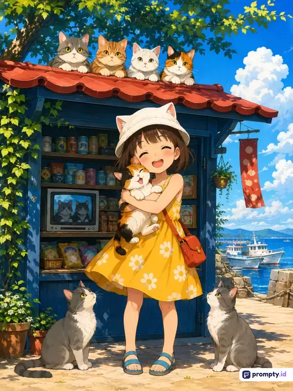 Gambar dengan gaya anime ceria ini menampilkan seorang gadis bergaun kuning yang sedang memeluk kucing di depan toko kecil pinggir pantai dengan latar langit biru cerah, memuat kata kunci seperti gadis, kucing, anime, pantai, dan cerah, didominasi oleh warna biru, kuning, dan oranye.