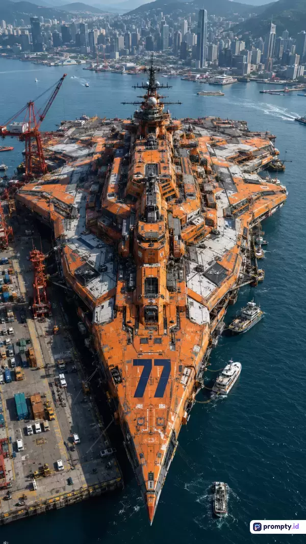 Gambar bergaya fotografi udara hiper-realistis ini menampilkan konten kapal induk raksasa futuristik berwarna oranye terang dengan nomor lambung 77 yang sedang bersandar di pelabuhan kota metropolitan modern berlatar gedung pencakar langit, dengan kata kunci: kapal induk raksasa, oranye, pelabuhan, kota modern, masa depan, dan tiga warna dominan yaitu oranye, biru laut, dan abu-abu.