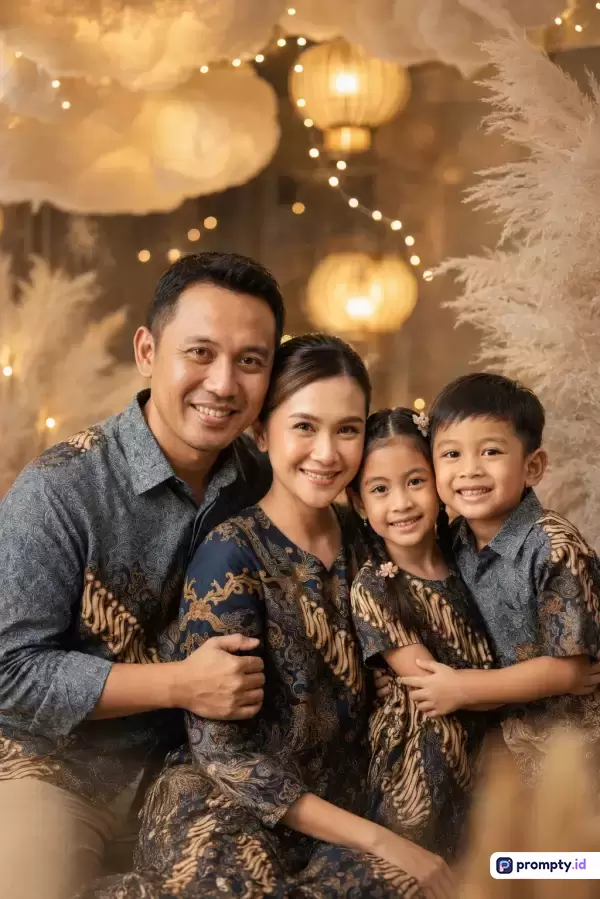 Potret keluarga muda Indonesia bergaya fotografi potret realistis dengan nuansa hangat, menampilkan orang tua dan dua anak mengenakan pakaian batik seragam bernuansa biru tua dan cokelat keemasan, berlatar dekorasi artistik lampu lampion serta pampas dengan palet warna earthy, hangat, dan natural, yang mencakup kata kunci: potret keluarga, batik Indonesia, pakaian seragam, dekorasi hangat, pencahayaan lembut, estetika tradisional modern.