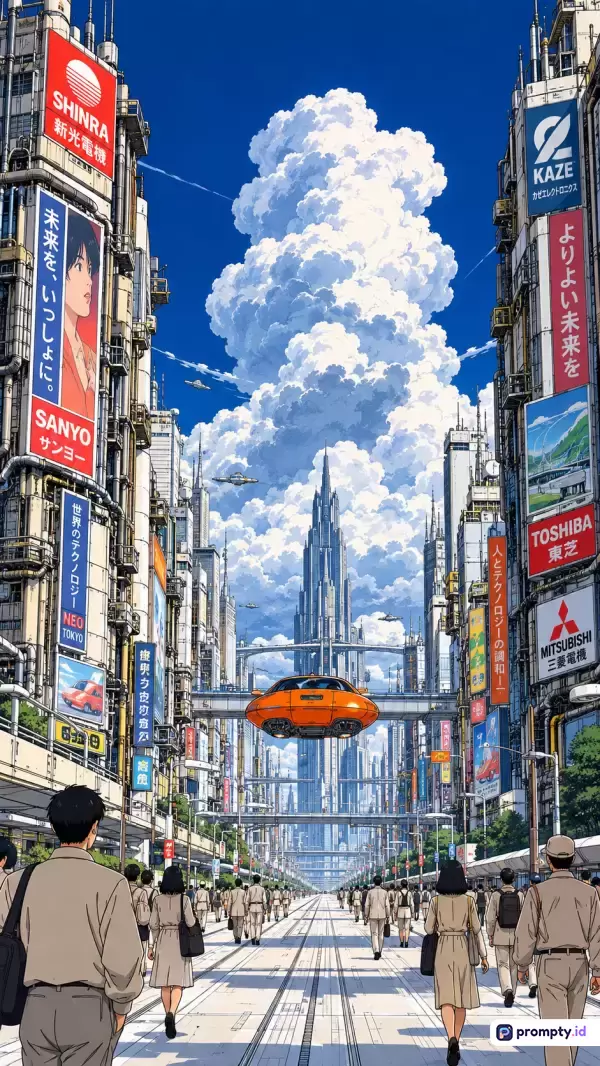 Gambar bergaya ilustrasi anime masa depan ini menampilkan pemandangan kota metropolitan futuristik yang padat dengan gedung pencakar langit tinggi, papan reklame bergaya retro, kendaraan terbang oranye di tengah, dan langit biru cerah yang dipenuhi awan putih kumulus raksasa di atas kerumunan pejalan kaki berlatar kata kunci kota futuristik, fiksi ilmiah, anime, dan megapolitan, serta didominasi oleh warna biru, putih, dan oranye.