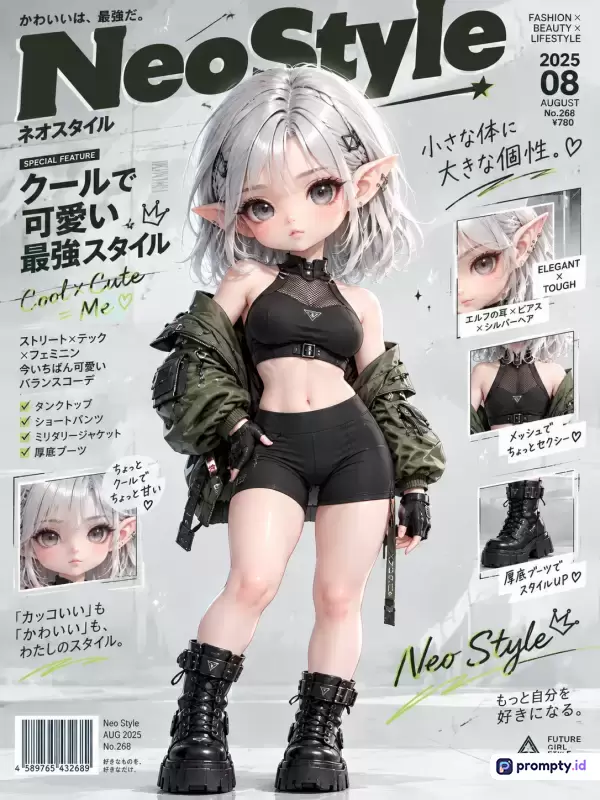 Gambar berformat sampul majalah bergaya seni digital anime 3D ini menampilkan konten karakter gadis elf berambut perak pendek dengan balutan busana *streetwear* hitam dan jaket militer hijau, menggunakan palet warna dominan putih, hitam, dan hijau zaitun, serta mengandung kata kunci metadata majalah mode, anime, *cyberpunk*, *chibi*, elf, *streetwear*, dan futuristik.