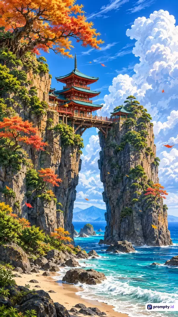 Gambar dengan gaya seni digital bergaya anime ini menampilkan lanskap fantasi pantai tebing batu karang yang dihubungkan oleh jembatan kayu kuno dengan pagoda tradisional Asia, dipenuhi pohon berdaun oranye musim gugur dan awan putih dramatis di langit biru, menggunakan palet warna dominan biru laut, jingga senja, dan cokelat tanah, serta kata kunci: pagoda, jembatan tebing, pantai, musim gugur, fantasi, laut, tebing karang, arsitektur Asia, langit biru, awan cumulus.