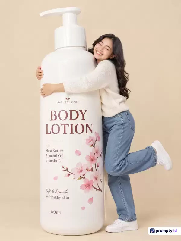 Gambar bergaya fotografi komersial ceria berlatar krem hangat ini menampilkan seorang wanita muda berambut hitam mengenakan sweter putih dan celana jeans biru sedang memeluk botol losion badan putih berukuran raksasa dengan ilustrasi bunga sakura, yang memuat kata kunci seperti perawatan kulit, body lotion, shea butter, almond oil, dan vitamin E, dengan tiga warna dominan yaitu krem, putih, dan cokelat tua.