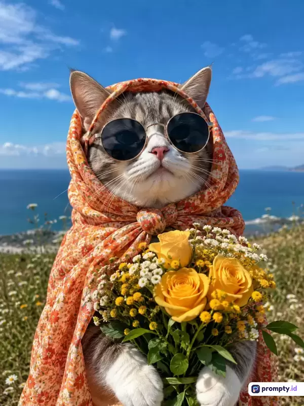 Gambar bergaya fotografi potret realistis ini menampilkan seekor kucing menggemaskan mengenakan kerudung oranye bermotif bunga dan kacamata hitam bulat sambil memegang buket mawar kuning cerah dengan latar belakang pemandangan laut dan langit biru cerah, memuat kata kunci kucing modis, kerudung, kacamata hitam, buket mawar, pantai, dan fotografi hewan, serta didominasi oleh tiga warna utama yaitu biru langit, oranye, dan kuning.