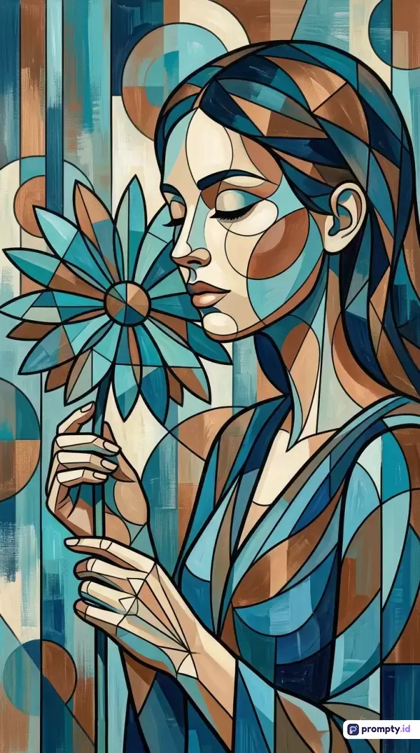 Gambar bergaya kubisme modern dan vitrase ini menampilkan konten seorang wanita elegan yang sedang memegang bunga besar, dengan kata kunci seni abstrak, potret wanita, bunga, dekoratif, dan geometris, serta didominasi oleh warna biru toska, cokelat tanah, dan krem pucat.