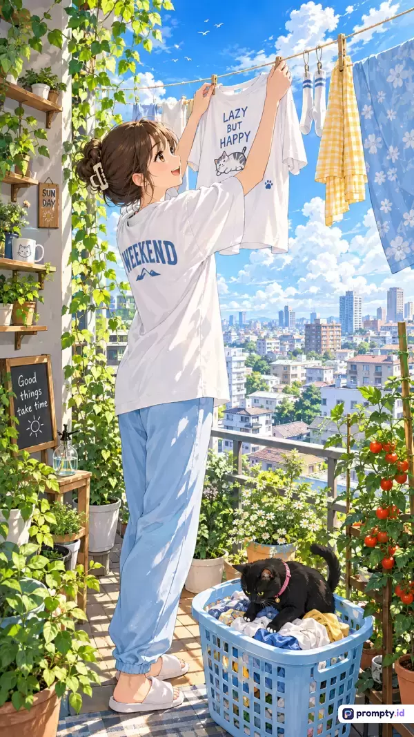 Gambar bergaya ilustrasi anime Makoto Shinkai ini menampilkan konten seorang gadis berambut cokelat yang sedang menjemur pakaian di balkon apartemen dengan latar belakang pemandangan kota dan langit biru cerah, dilengkapi dengan elemen visual seperti tanaman hijau subur dan seekor kucing hitam di dalam keranjang laundry, serta didominasi oleh kata kunci gadis anime, menjemur baju, balkon apartemen, tanaman hias, dan pemandangan kota, dengan palet warna dominan biru langit, putih, dan hijau daun, yang secara keseluruhan menggambarkan suasana pagi hari yang tenang dan damai.
