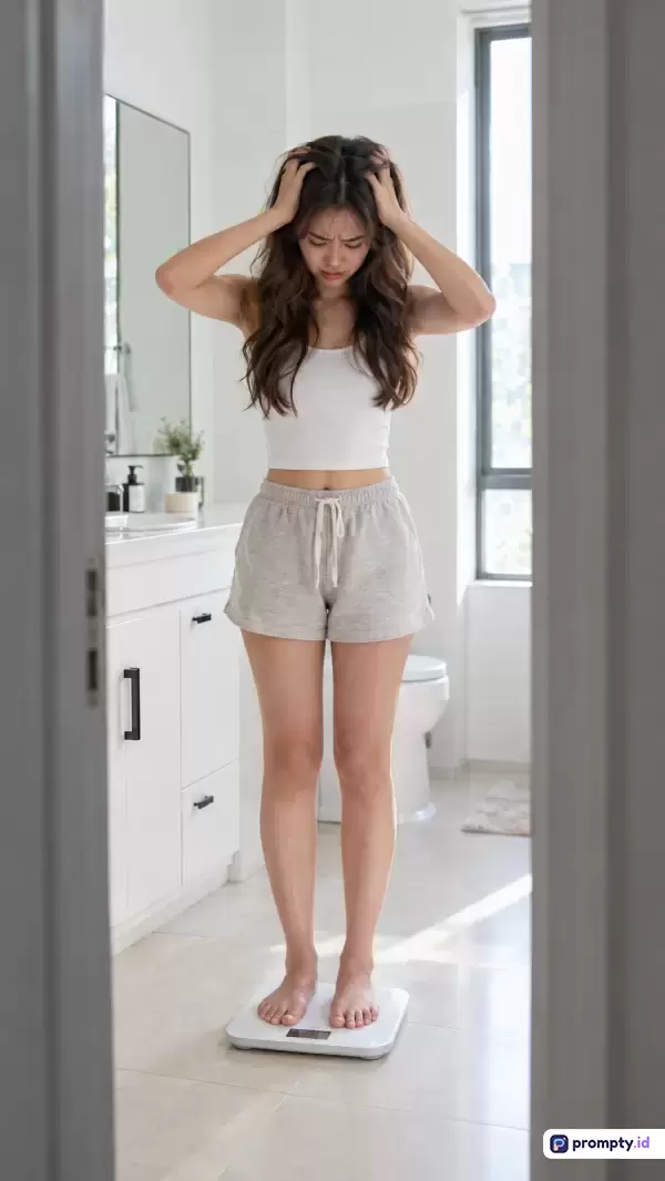 Gambar bergaya fotografi realistis ini menampilkan seorang wanita muda berambut panjang yang sedang frustrasi memegang kepala di atas timbangan di dalam kamar mandi cerah, dengan kata kunci berat badan, stres, diet, cermin, dan kesehatan, serta didominasi oleh warna putih, abu-abu, dan krem.