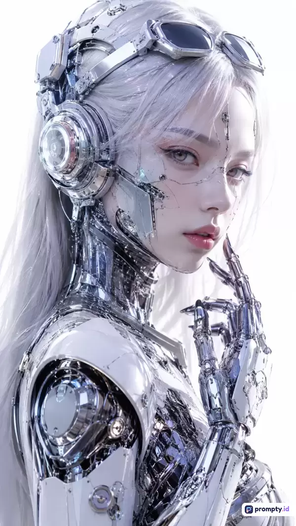 Gambar bergaya seni digital futuristik ini menampilkan konten seorang wanita sibernetik berambut perak dengan aksesoris kepala mekanik dan tangan metalik, dengan kata kunci utama kecerdasan buatan, cyborg, sci-fi, dan robotik, serta didominasi oleh palet warna putih bersih, perak metalik mengkilap, dan abu-abu terang.