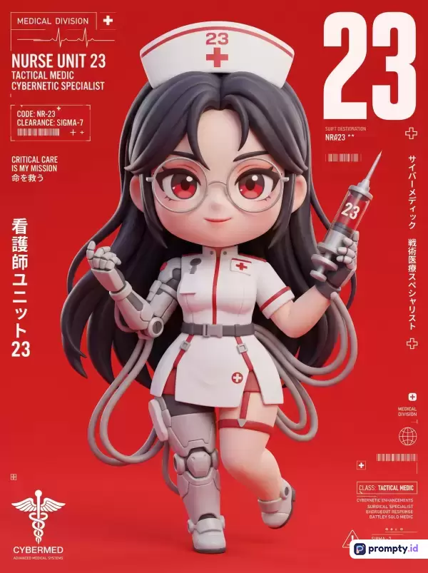 Gambar bergaya 3D chibi digital art ini menampilkan karakter perawat sibernetik futuristik berambut hitam dengan kacamata, mengenakan seragam medis putih berpadu prostetik robotik sambil memegang jarum suntik, dikelilingi teks teknis bergaya UI dengan dominasi warna merah, putih, dan abu-abu, serta kata kunci perawat masa depan, *cybermedic*, seni chibi, sci-fi, dan medis militer.