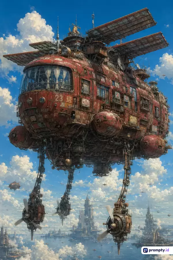 Gambar bergaya seni digital steampunk ini menampilkan konten wahana udara raksasa berwarna merah berkarat yang melayang di langit berawan dengan latar kota futuristik, menggunakan kata kunci kapal terbang, retro-futuristik, teknologi usang, mesin terbang, dan langit biru, serta didominasi oleh tiga warna utama yaitu merah bata, biru langit, dan cokelat karat.