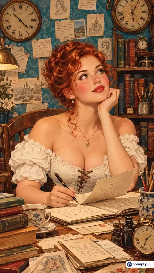 Gambar ilustrasi bergaya klasik ini menampilkan wanita berambut merah dengan latar belakang dinding bermotif dan rak buku penuh literatur, menggunakan kata kunci wanita, menulis, vintage, sejarah, dan perpustakaan, didominasi oleh warna merah, cokelat, dan putih.
