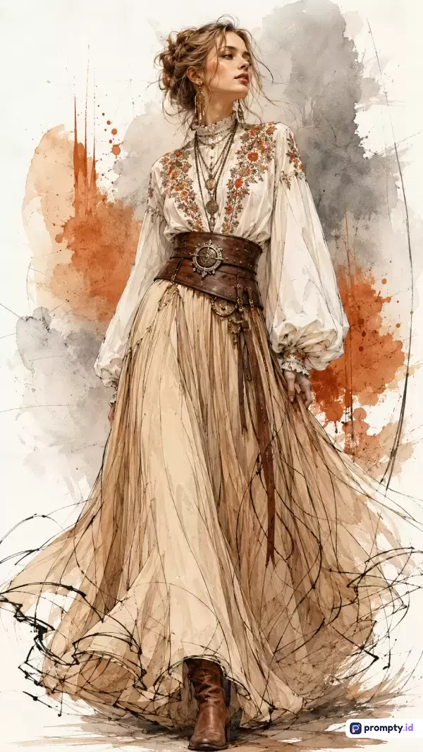 Gambar ilustrasi cat air bergaya steampunk bohemian ini menampilkan seorang wanita elegan berambut sanggul mengenakan blus putih bersulam dan rok panjang krem dengan korset kulit cokelat, dihiasi palet warna dominan putih krem, cokelat tanah, dan abu-abu tua, serta kata kunci wanita, bohemian, steampunk, ilustrasi cat air, dan fashion historis.