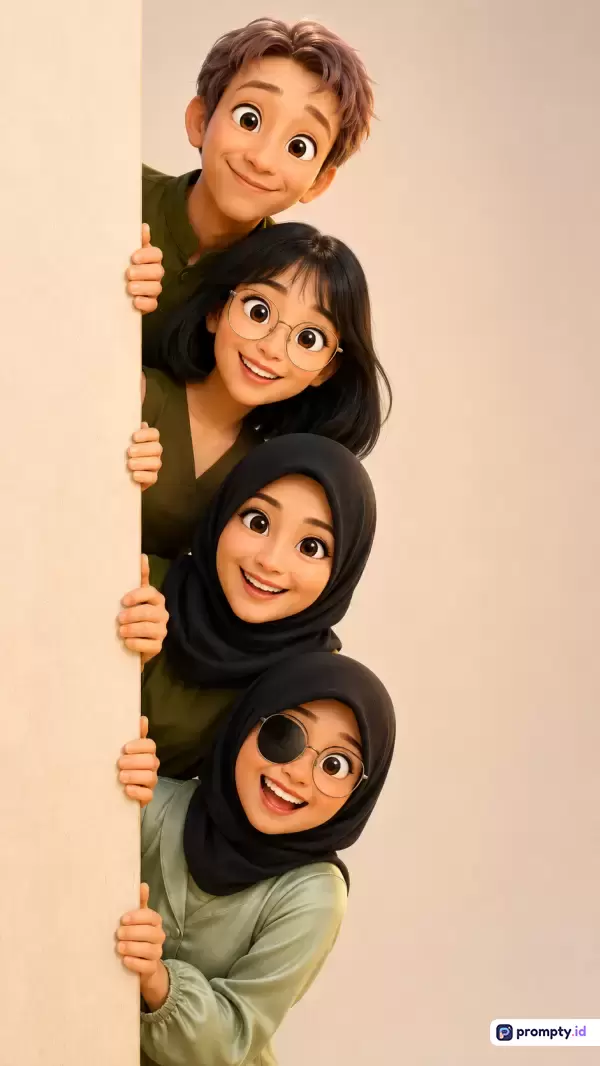 Ilustrasi digital 3D bergaya animasi Pixar dengan palet warna hijau zaitun, cokelat, dan krem, menampilkan empat karakter beragam yang tersenyum riang sambil mengintip dari balik dinding dengan kata kunci persahabatan, keluarga, dan kebersamaan.