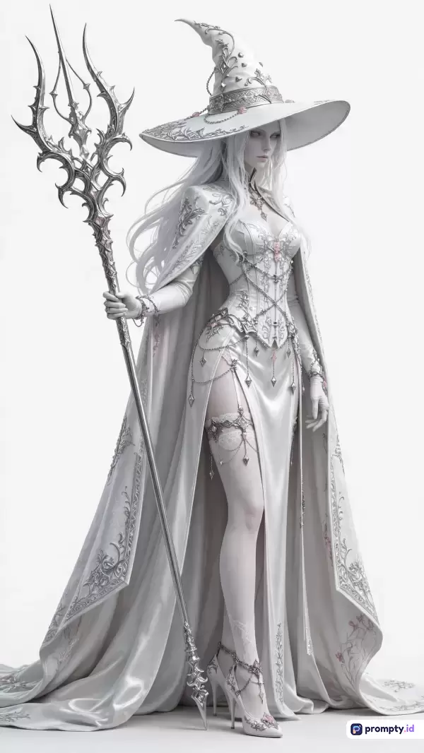 Gambar berstyle digital art fantasi ini menampilkan konten penyihir wanita putih elegan berambut panjang yang memegang tongkat trisula perak dengan kata kunci: wanita, penyihir, putih, fantasai, elegan, trisula, sihir; serta memiliki 3 warna dominan yaitu putih, perak, dan abu-abu muda.