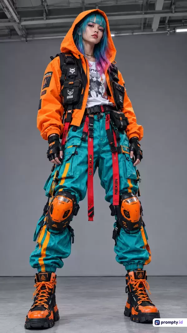 Gambar bergaya fotografi potret sinematik modern ini menampilkan konten model wanita berambut biru-merah muda dengan gaya busana jalanan futuristik *techwear* dan *cyberpunk*, menggunakan kata kunci: fesyen masa depan, jaket oranye, celana kargo toska, pelindung lutut, dan sarung tangan taktis, dengan tiga warna dominan yaitu oranye, toska, dan hitam.