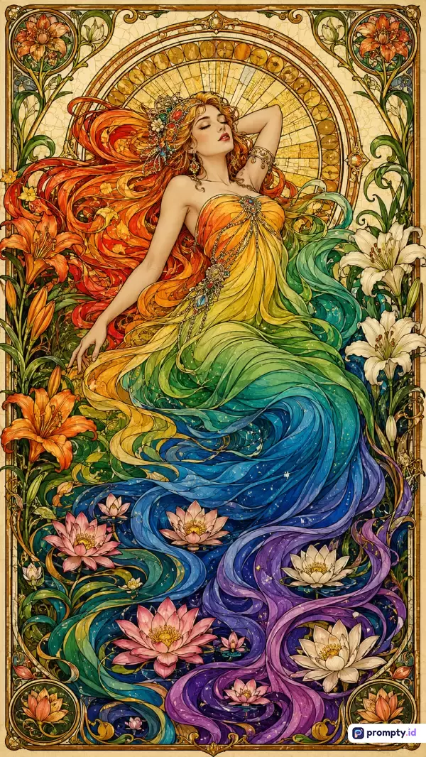 Gambar bergaya Art Nouveau yang terinspirasi dari Alphonse Mucha ini menampilkan konten seorang wanita elegan berambut merah yang mengalir menyatu dengan gaun dan air bergradasi warna pelangi dihiasi bunga lili dan teratai, menggunakan palet warna dominan oranye, hijau zamrud, dan biru tua, dengan kata kunci seni dekoratif, dewi alam, estetika klasik, ilustrasi sulur, dan keanggunan wanita.