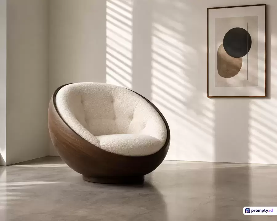 Gambar ini menampilkan gaya fotografi interior minimalis modern yang berfokus pada konten kursi bola kayu bundar berlapis kain bouclé putih krem di dalam ruangan berlantai semen halus dengan dinding krem bertekstur bayangan jendela, dilengkapi lukisan dinding abstrak, dan memiliki tiga warna dominan yaitu cokelat kayu, putih krem, serta abu-abu muda, dengan kata kunci desain interior, kursi modern, minimalis, dan furnitur mewah.