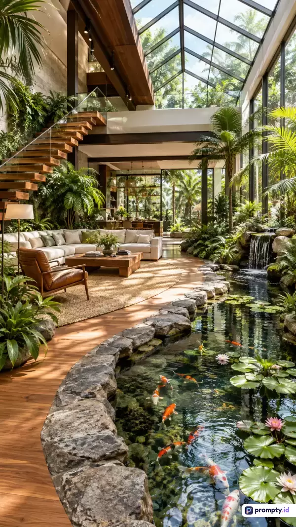 Gambar ini menampilkan gaya fotografi arsitektur interior modern tropis yang sangat asri, dengan konten berupa ruang tamu mewah berkonsep *biophilic* yang dilengkapi kolam ikan koi berbatubatu, air terjun buatan, tangga kayu gantung, dan atap kaca transparan besar yang dikelilingi tanaman hijau subur serta pohon palem, menggunakan palet warna dominan cokelat kayu, hijau daun, dan abu-abu batu, dengan kata kunci desain interior tropis, rumah mewah, kolam koi indoor, arsitektur modern, biophilic design, ruang tamu botani, tanaman hias, atap kaca, air terjun buatan, dan pencahayaan alami.