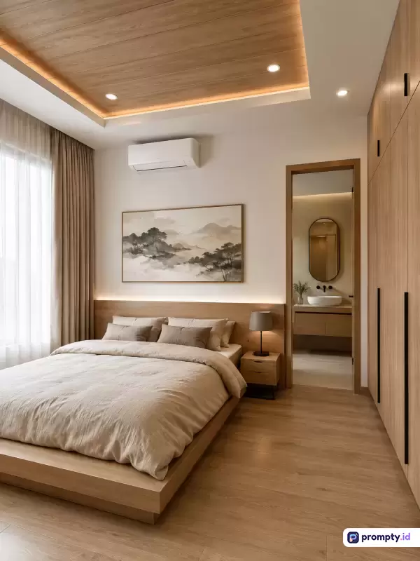 Gambar bergaya modern kontemporer ini menampilkan konten kamar tidur mewah dengan elemen kayu hangat, memiliki kata kunci desain interior, kamar tidur minimalis, pencahayaan lembut, dan dekorasi elegan, didominasi oleh palet warna cokelat kayu, krem terang, dan putih bersih.