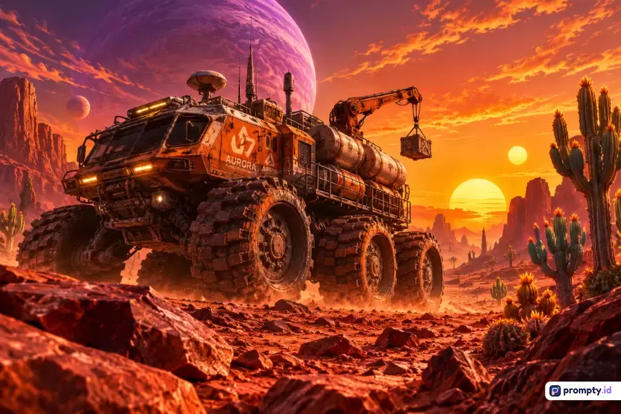 Gambar bergaya ilustrasi digital fiksi ilmiah ini menampilkan sebuah penjelajah ruang angkasa beroda enam berwarna oranye di lanskap planet asing mirip gurun berbatu dengan kaktus, dua matahari, dan planet raksasa di latar langit jingga, dengan kata kunci penjelajah mars, alien, gurun, fiksi ilmiah, kendaraan penjelajah, matahari kembar, planet luar angkasa, kaktus, petualangan masa depan, dan seni digital, serta didominasi oleh warna oranye, jingga kemerahan, dan cokelat tua.