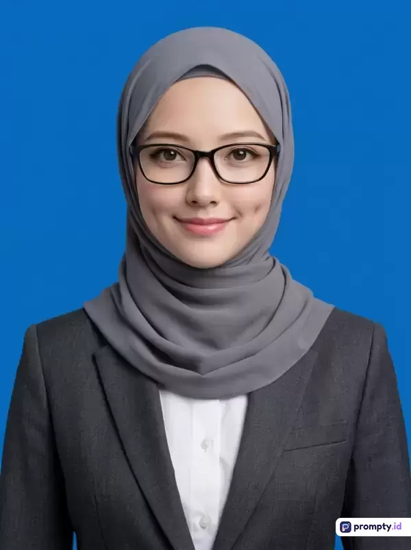 Gambar pas foto formal bergaya fotografi potret studio ini menampilkan seorang wanita berhijab abu-abu dan berkacamata yang mengenakan jas gelap di depan latar belakang polos berwarna biru, dengan kata kunci wanita, hijab, pas foto, profesional, jas, kacamata, resmi, dan warna dominan biru, abu-abu, serta hitam.