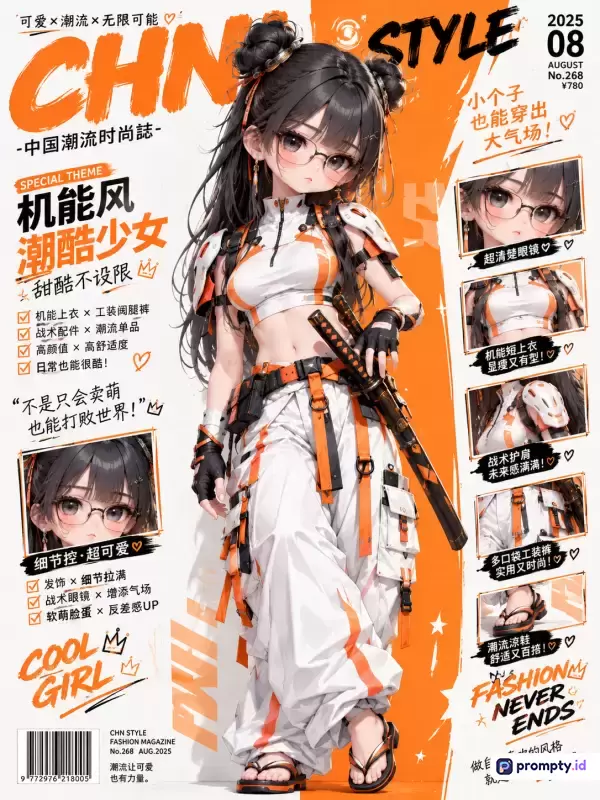 Gambar ini adalah sampul majalah digital bergaya anime modern yang menampilkan gadis berambut hitam berkacamata dalam balutan busana taktis oranye dan putih, dengan kata kunci seperti gaya jalanan, majalah mode, ilustrasi anime, dan karakter fiksi, didominasi oleh warna oranye, putih, dan hitam.