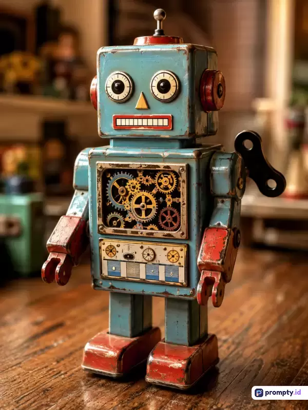 Gambar bergaya fotografi produk vintage ini menampilkan mainan robot retro kaleng dengan konten utama berupa figur robot mekanik bertekstur usang di atas meja kayu, menggunakan kata kunci robot antik, mainan retro, dan koleksi masa kecil, didominasi oleh warna biru, merah, dan cokelat, serta dilengkapi tiga warna dominan yaitu biru, merah, dan cokelat.
