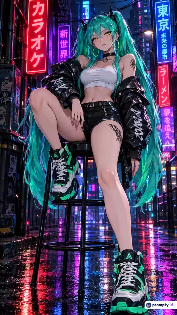 Gambar bergaya anime digital ini menampilkan seorang gadis berambut hijau toska dengan jaket hitam dan celana pendek di gang perkotaan futuristik penuh lampu neon, dengan kata kunci: anime, cyberpunk, neon, kota masa depan, gadis pemberontak; serta didominasi oleh tiga warna utama yaitu hijau toska, merah terang, dan hitam gelap.