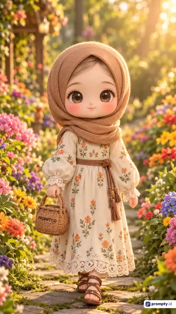 Gambar bergaya animasi 3D chibi yang menggemaskan ini menampilkan karakter anak perempuan berhijab cokelat sedang berjalan di jalur setapak taman berbunga, mengenakan gaun putih bermotif bunga dan membawa keranjang anyaman kecil dengan tiga warna dominan yaitu cokelat, putih, dan hijau, serta kata kunci: chibi, hijab, animasi, taman bunga, dan keranjang.