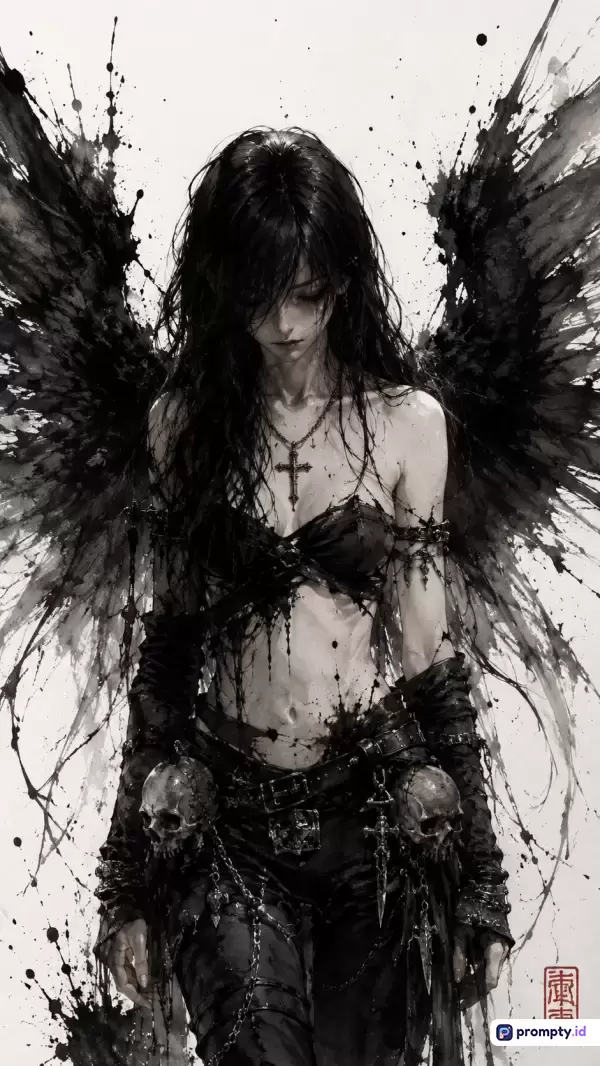 Gambar bergaya ilustrasi tinta gelap (dark ink splatter) ini menampilkan konten sesosok wanita berambut panjang dengan sayap hitam besar dan aksesori tengkorak yang mencerminkan suasana gotik, dengan kata kunci malaikat maut, fantasi gelap, seni tinta, dan gotik, didominasi oleh warna hitam, putih, dan abu-abu.