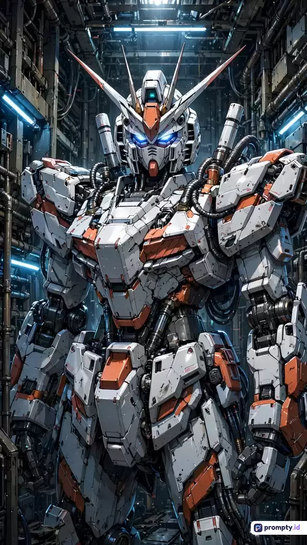 Gambar digital bergaya ilustrasi fiksi ilmiah ini menampilkan robot mecha raksasa putih beraksen jingga dengan mata biru menyala di dalam hanggar industri futuristik yang dipenuhi pipa dan kabel, dengan kata kunci robot, mecha, gundam, sci-fi, dan industri, serta didominasi oleh warna putih, jingga, dan abu-abu.