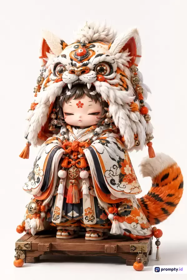 Gambar ini menampilkan figur mainan seni (*art toy*) bergaya chibi 3D yang sangat detail, menggambarkan karakter anak perempuan berkimono tradisional yang mengenakan tudung kepala singa harimau berbulu lebat dengan ekor belang berbulu, didominasi oleh warna oranye cerah, putih bersih, dan hitam elegan, serta dihiasi aksesoris oriental seperti lonceng dan jumbai, dengan kata kunci utama figur desainer, seni mainan, harimau, kimono, dan estetika Asia.